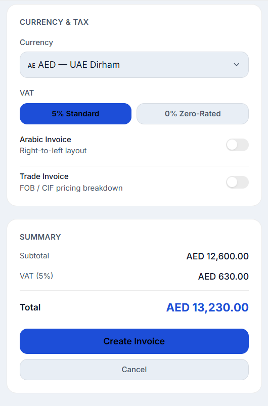 Currency & Tax panel showing 5% Standard selected, with 0% Zero-Rated option and Arabic Invoice / Trade Invoice toggles