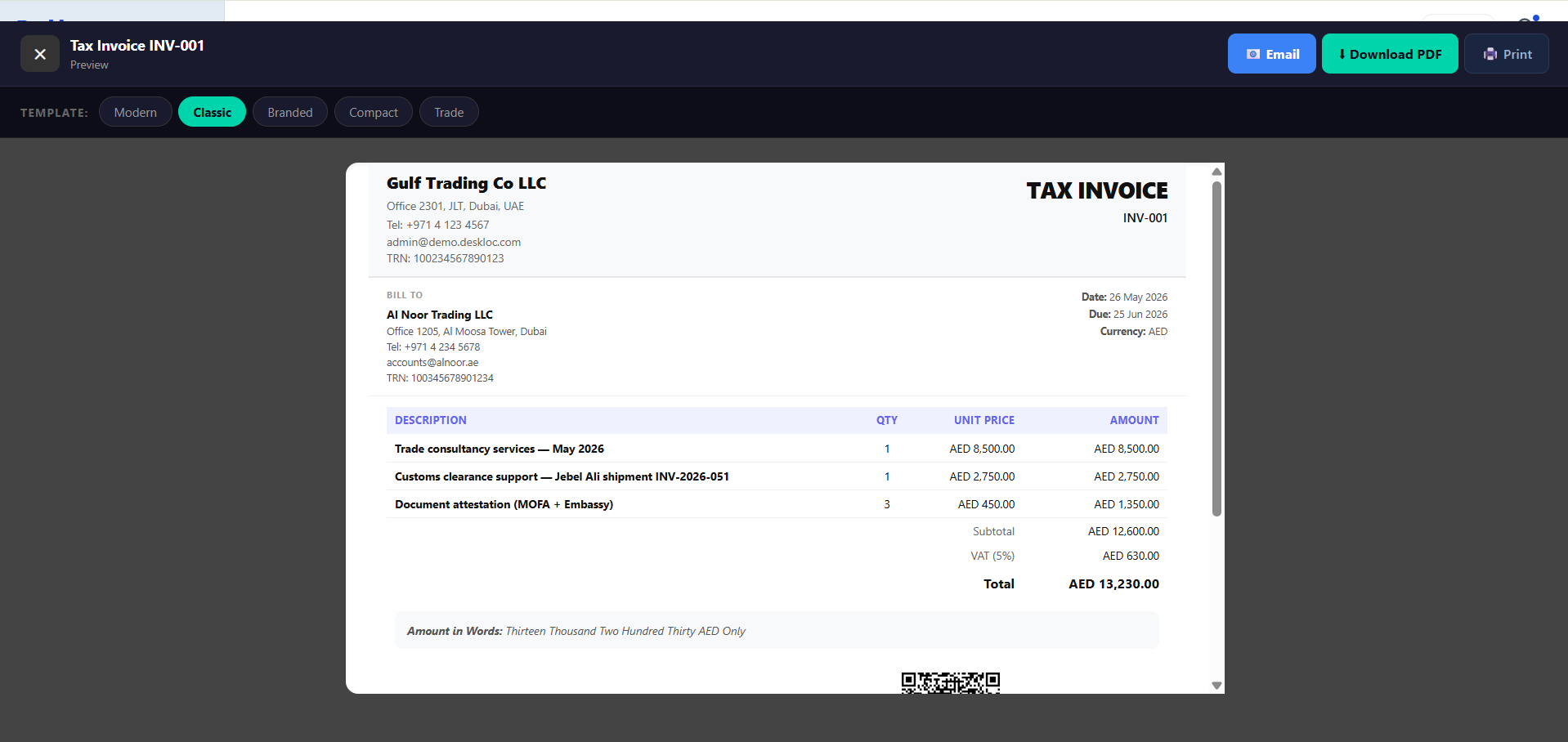 Tax Invoice PDF preview showing TAX INVOICE title, your TRN, customer TRN, line items, VAT breakdown, total in words, and QR code