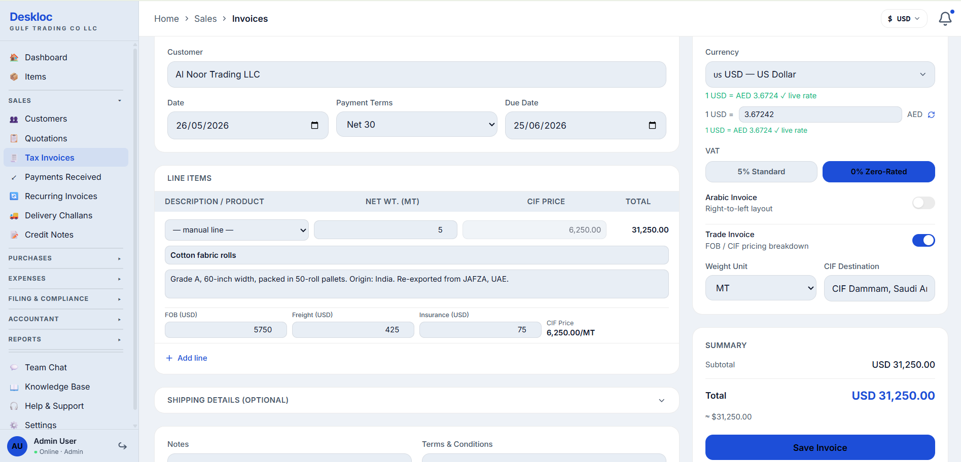 Invoice form in Trade Invoice mode showing NET WT. (MT) and CIF PRICE columns, with FOB/Freight/Insurance breakdown row, Weight Unit selector, and CIF Destination field