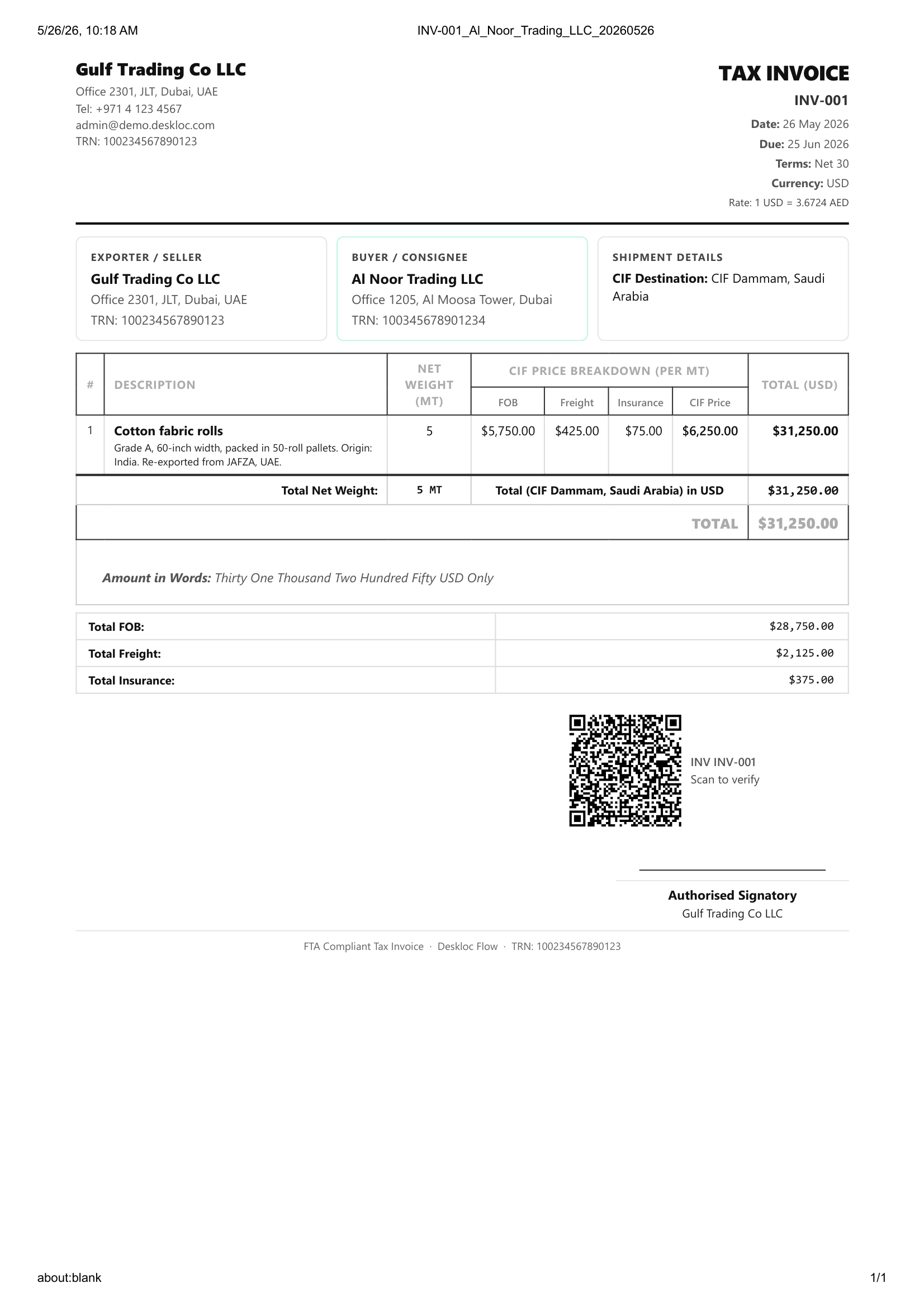 Trade Invoice PDF showing Exporter/Seller, Buyer/Consignee, Shipment Details (CIF Destination), per-MT CIF Price Breakdown table, Total FOB / Total Freight / Total Insurance summary rows, and FTA-compliant footer
