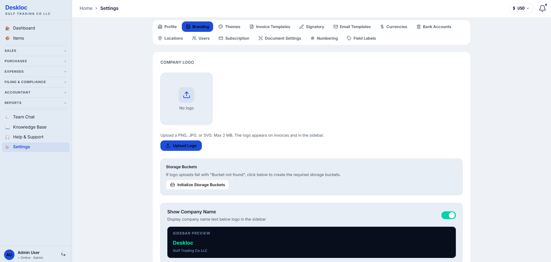 Branding tab with the Company Logo upload area and sidebar preview